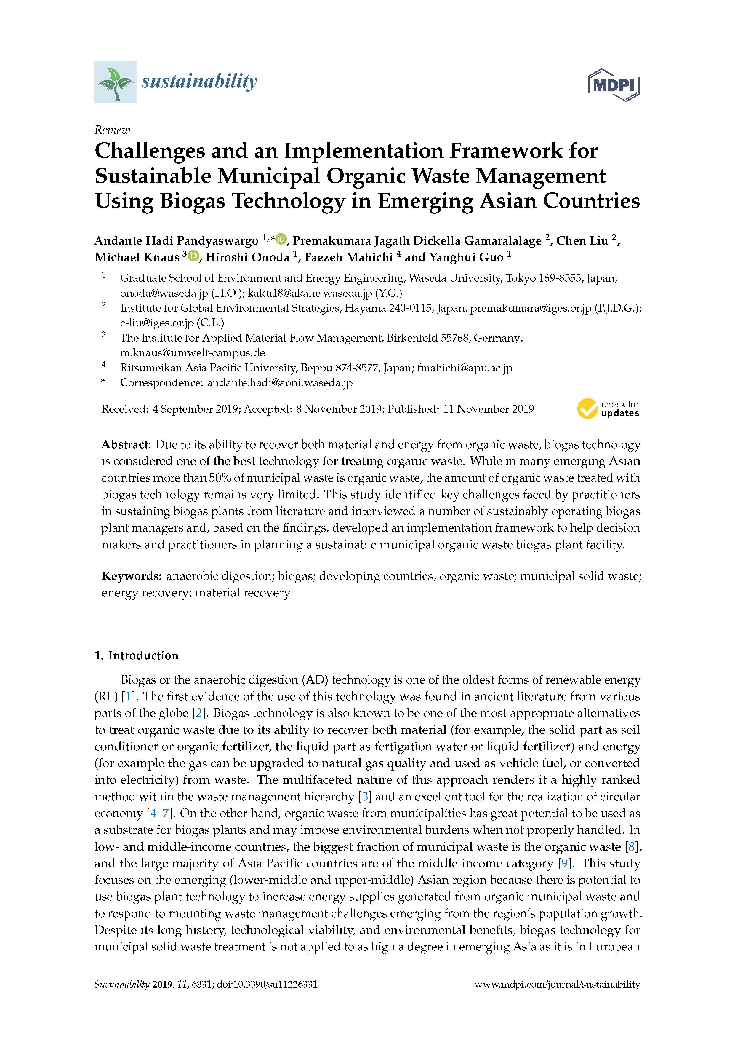 Challenges and an Implementation Framework for Sustainable Municipal Organic Waste Management Using Biogas Technology in Emerging Asian Countries 
